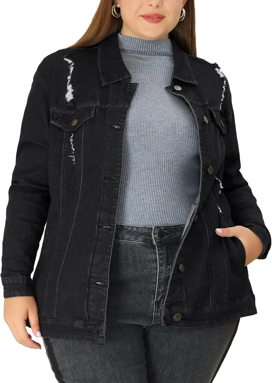 uxcell Women's Plus Size Jean Jacket Stitching Button Front Washed Western Outfit Denim Jacket