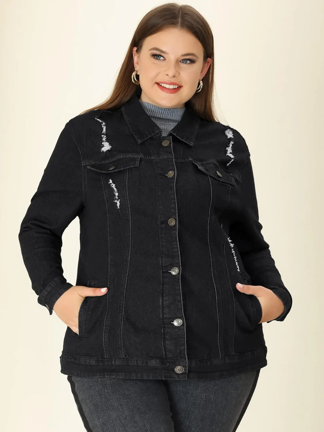 uxcell Women's Plus Size Jean Jacket Stitching Button Front Washed Western Outfit Denim Jacket