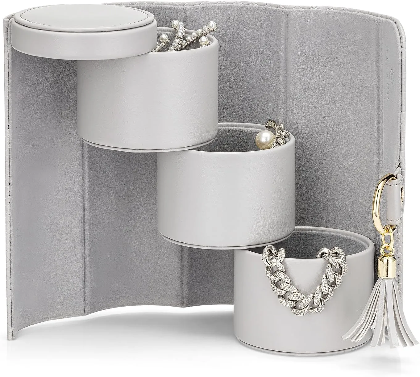 Vlando Small Travel Jewelry Roll Organizer, Leather Jewelry Holder Pouch for Daily Jewelry Storage and Carrying (Light Gray w/Pattern)
