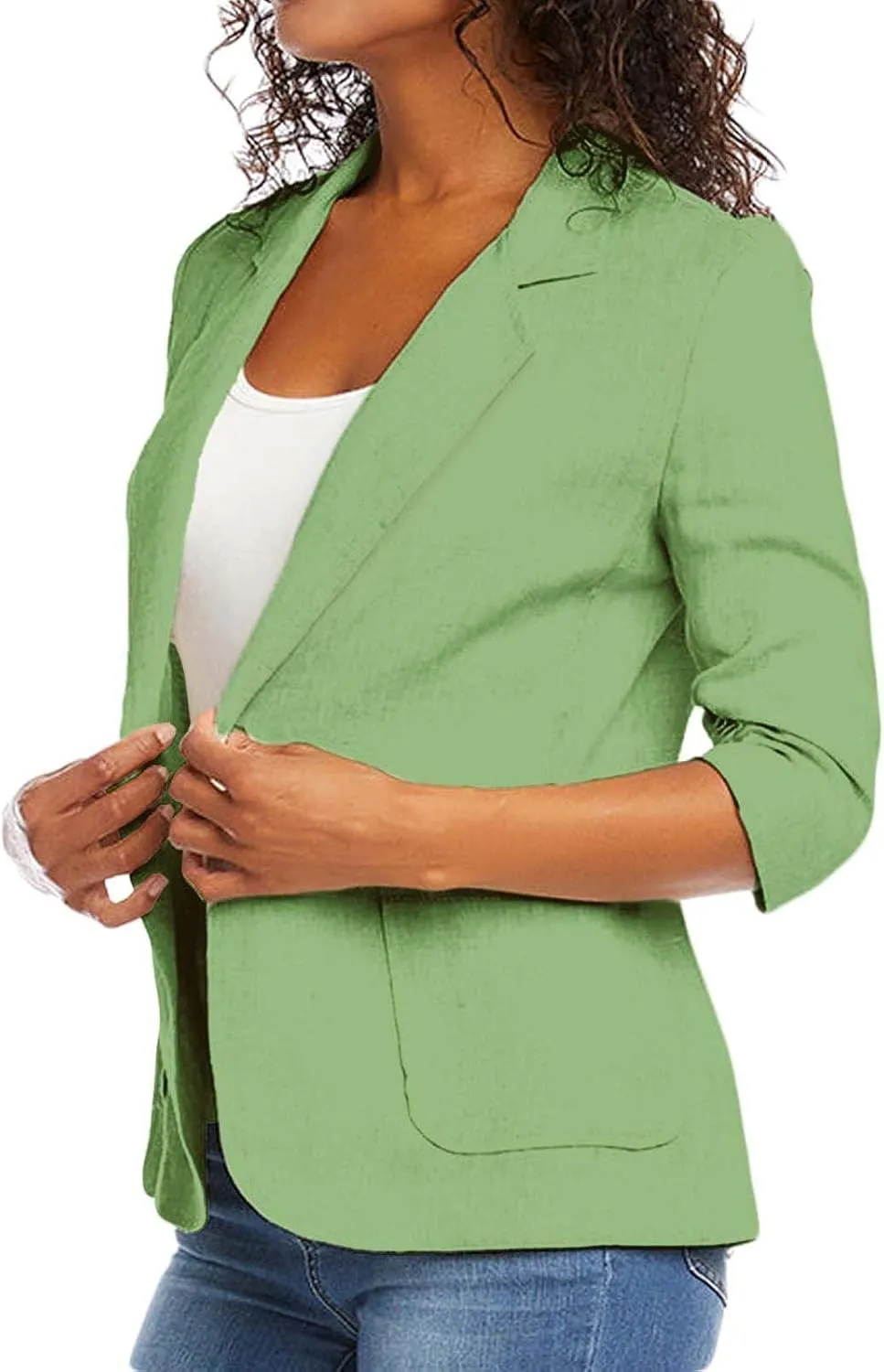 Women's 3/4 Sleeve Blazers 2024 Trendy Cotton Linen Button Cardigan Jacket Casual Business Work Suit Coat with Pockets