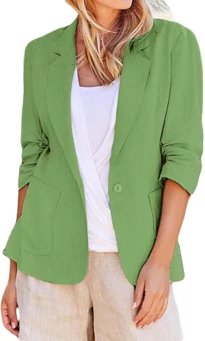 Women's 3/4 Sleeve Blazers 2024 Trendy Cotton Linen Button Cardigan Jacket Casual Business Work Suit Coat with Pockets
