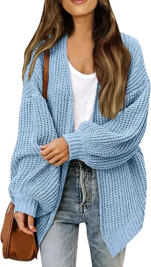 Womens Fall Sweaters Cardigan Long Lantern Sleeve Open Front Oversized Knit Coat Casual Sweater