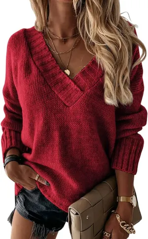 Womens Loose Sweaters Sexy V Neck Long Sleeve Solid Knitted Jumper Pullover Sweatshirt Tops