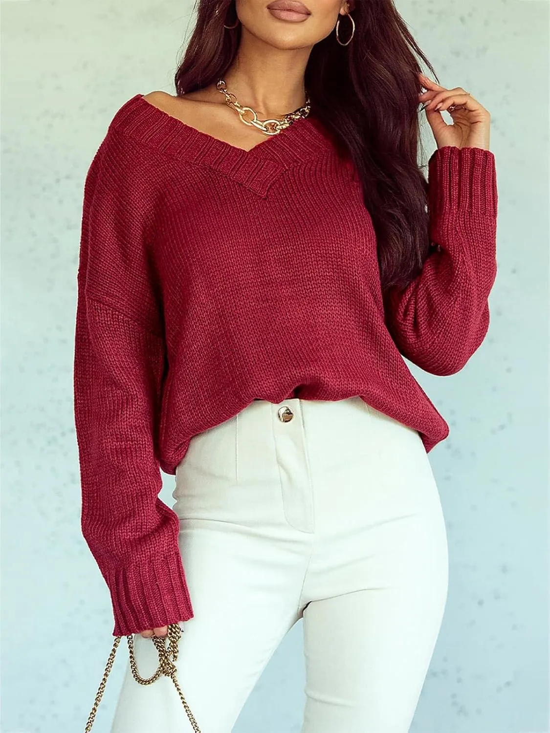 Womens Loose Sweaters Sexy V Neck Long Sleeve Solid Knitted Jumper Pullover Sweatshirt Tops