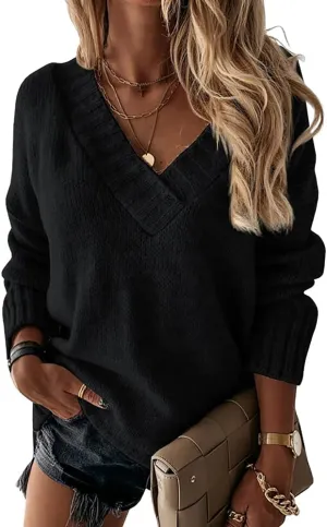 Womens Loose Sweaters Sexy V Neck Long Sleeve Solid Knitted Jumper Pullover Sweatshirt Tops