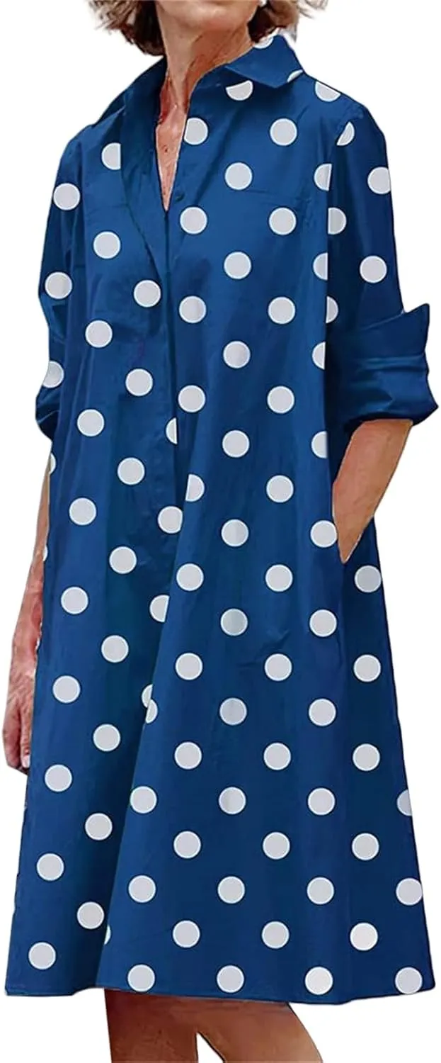 Womens Shirt Dress Rolled Long Sleeve Button Down Summer Dress Dressy Collared V Neck Mini Dresses Loose Casual Dresses