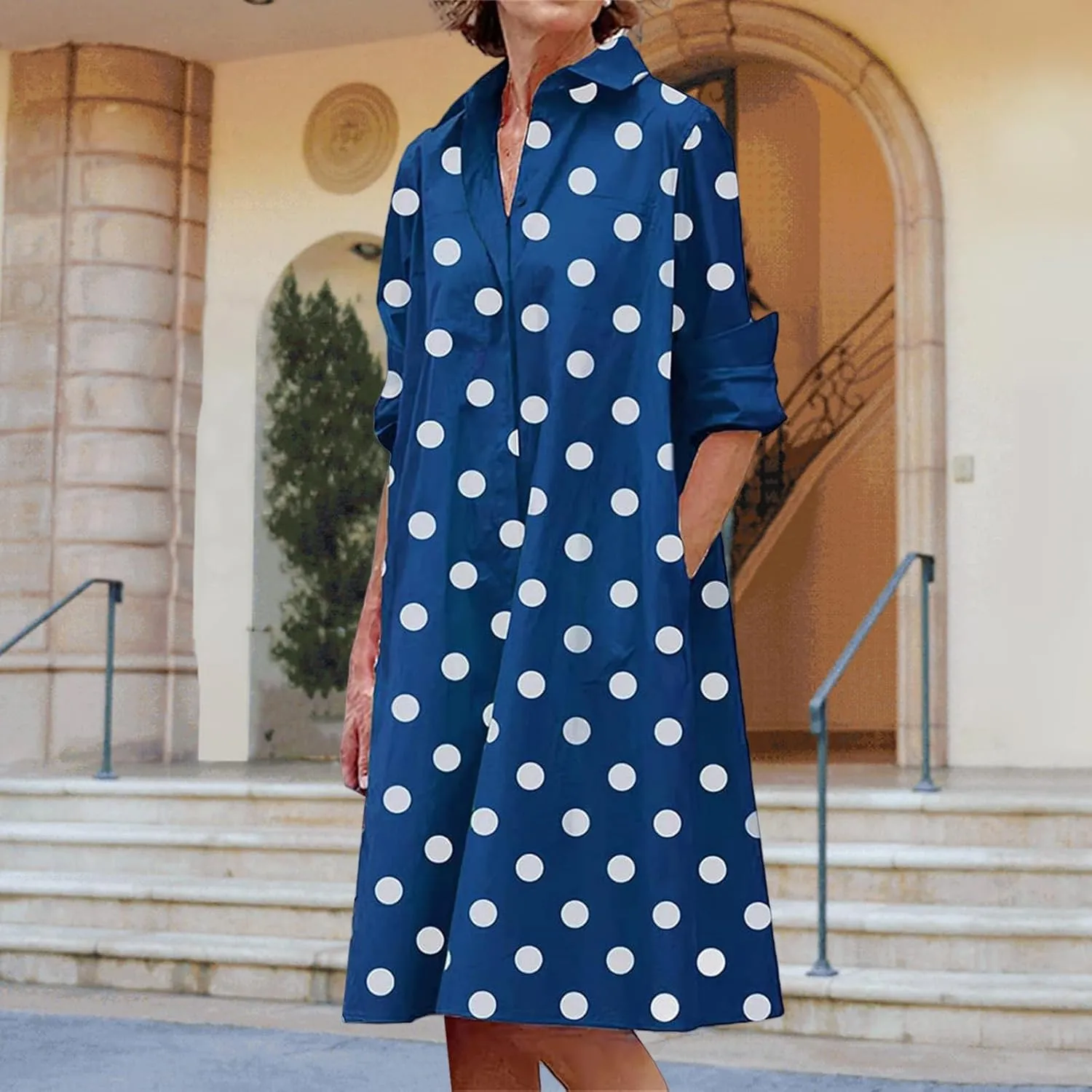 Womens Shirt Dress Rolled Long Sleeve Button Down Summer Dress Dressy Collared V Neck Mini Dresses Loose Casual Dresses