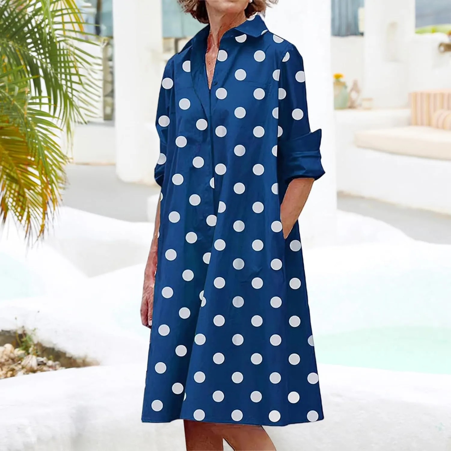 Womens Shirt Dress Rolled Long Sleeve Button Down Summer Dress Dressy Collared V Neck Mini Dresses Loose Casual Dresses