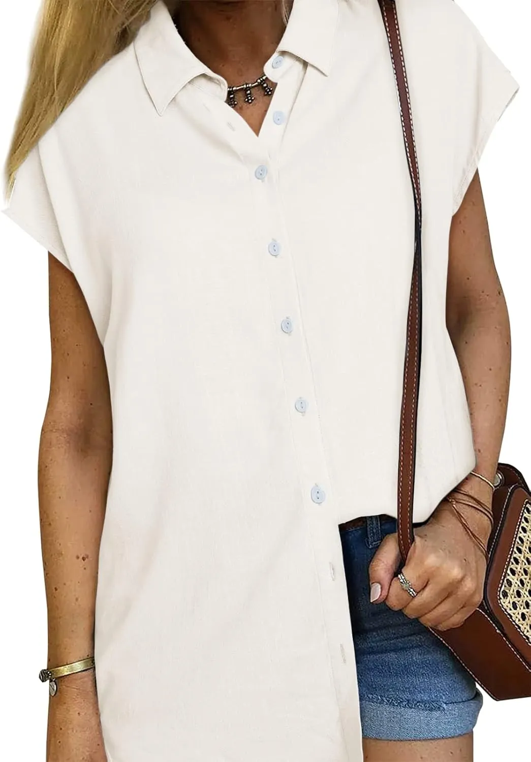 Womens Work Blouses Cap Sleeve Button Down Tops V Neck Collared Casual Business Plain Basic Summer Shirts