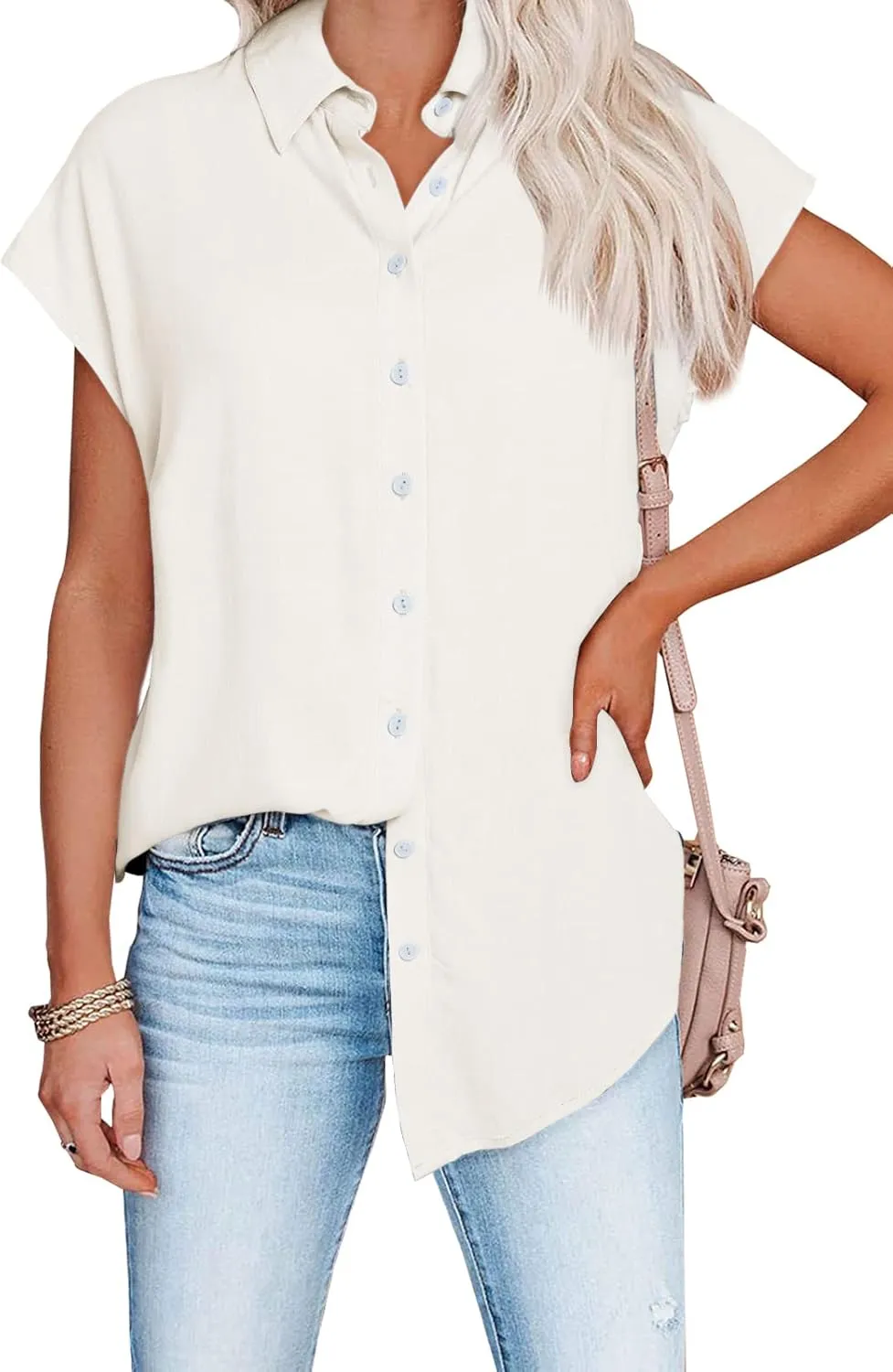 Womens Work Blouses Cap Sleeve Button Down Tops V Neck Collared Casual Business Plain Basic Summer Shirts
