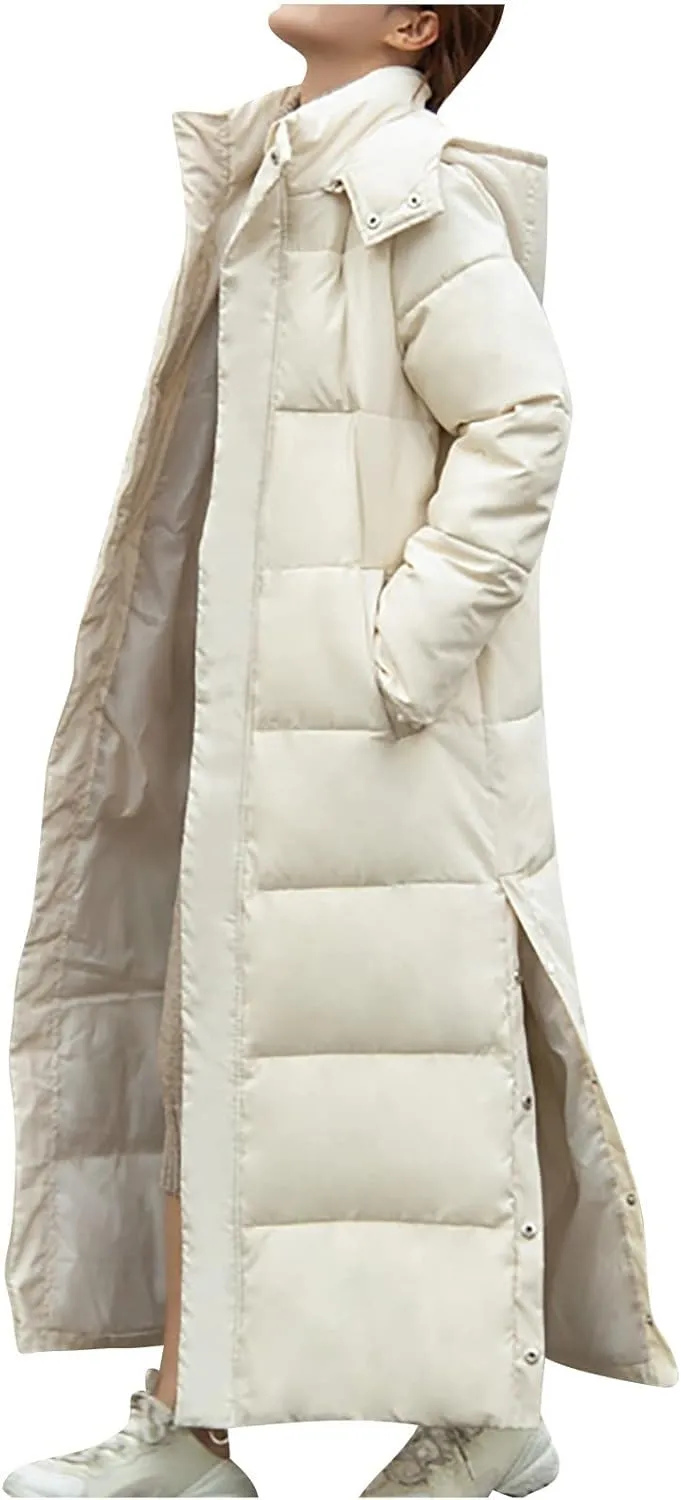 XUNRYAN Winter Jackets for Women Long Parka Puffer Coat Hooded Thicken Quilted Ankle Length Maxi Long Coats Anorak Outwear