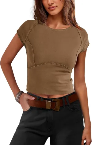 Yanekop Cropped T Shirts for Women Tight Crew Neck Cap Sleeve Tops Slim Fit Cropped Tees Basic Short Sleeve Workout Tops