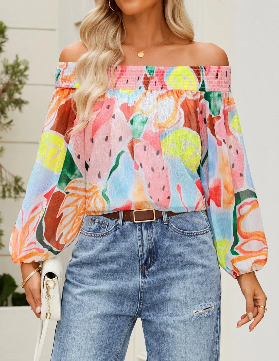 ZESICA Women's Summer Off Shoulder Tops 2025 Floral Chiffon Long Sleeve Loose Dressy Casual Shirts Blouses
