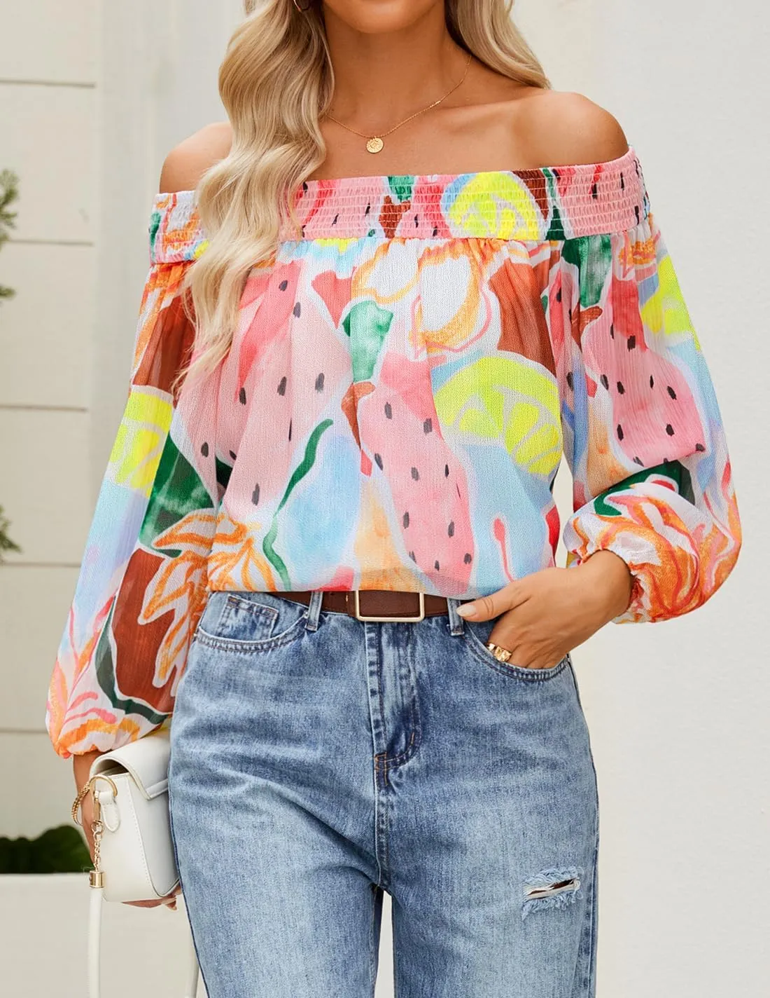 ZESICA Women's Summer Off Shoulder Tops 2025 Floral Chiffon Long Sleeve Loose Dressy Casual Shirts Blouses