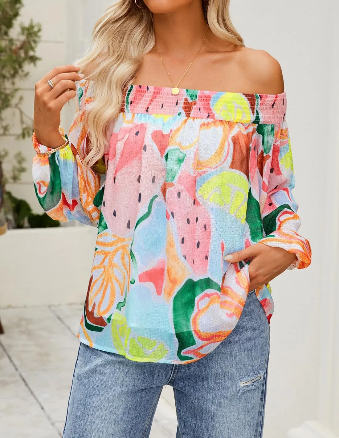 ZESICA Women's Summer Off Shoulder Tops 2025 Floral Chiffon Long Sleeve Loose Dressy Casual Shirts Blouses