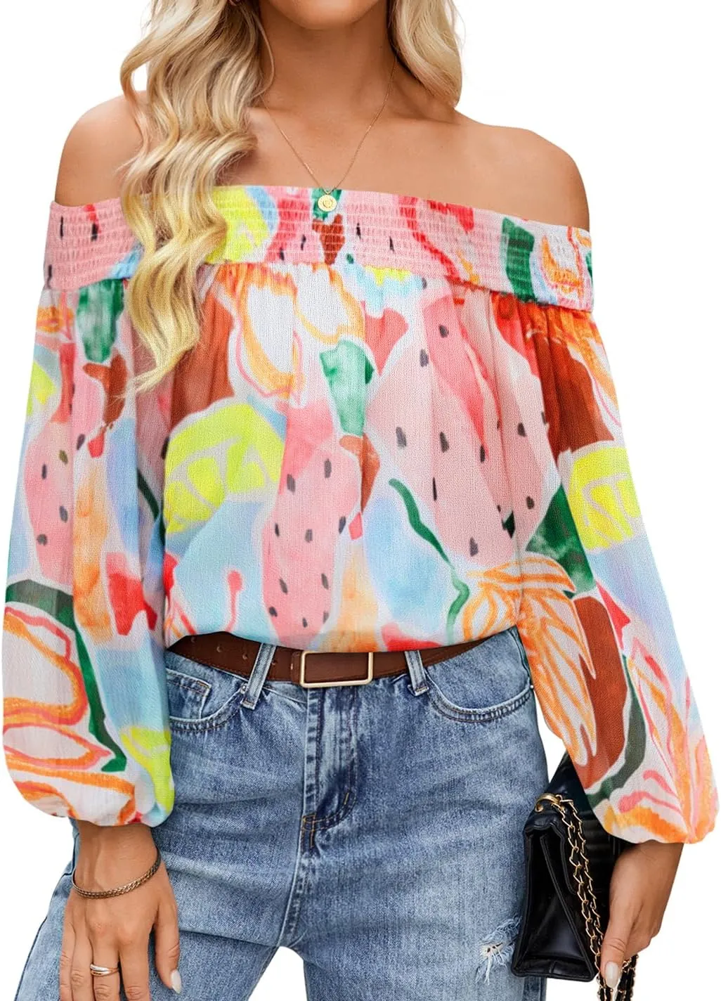 ZESICA Women's Summer Off Shoulder Tops 2025 Floral Chiffon Long Sleeve Loose Dressy Casual Shirts Blouses