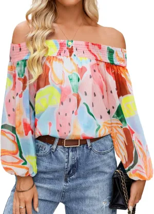 ZESICA Women's Summer Off Shoulder Tops 2025 Floral Chiffon Long Sleeve Loose Dressy Casual Shirts Blouses