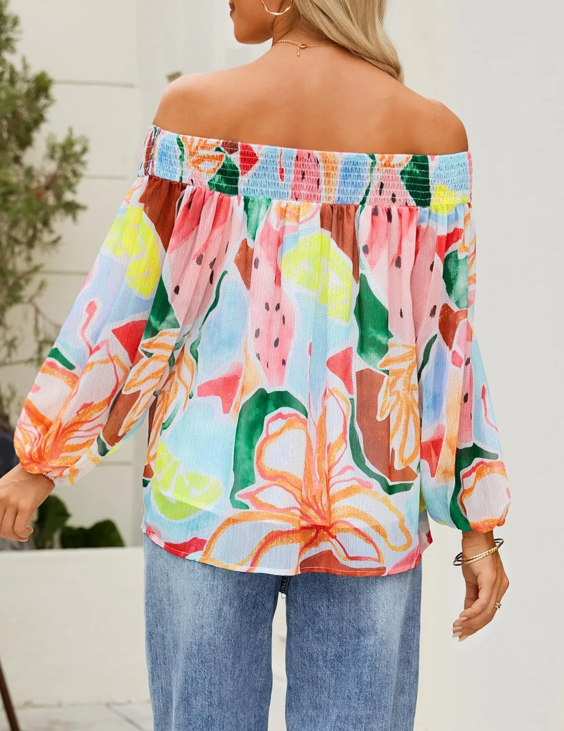 ZESICA Women's Summer Off Shoulder Tops 2025 Floral Chiffon Long Sleeve Loose Dressy Casual Shirts Blouses